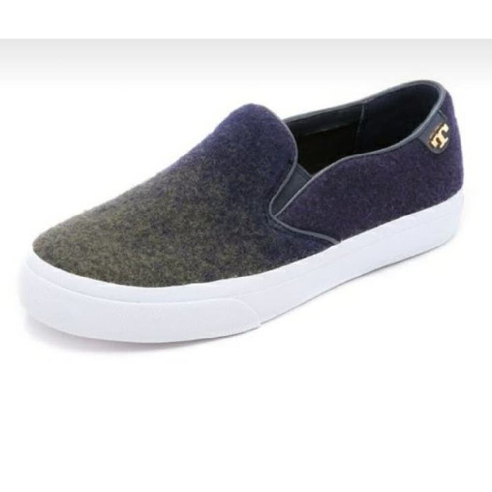 Tory Burch RUDI Stardust Ombre Slip On Sneaker Navy Blue Olive Green Wool Felt 7